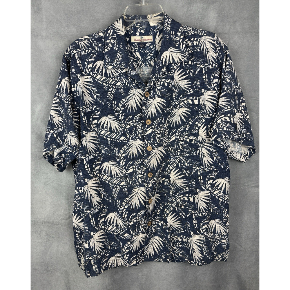 Tommy Bahama Silk Hawaiian Shirt Button Down Mens M Tropical Palm Blue